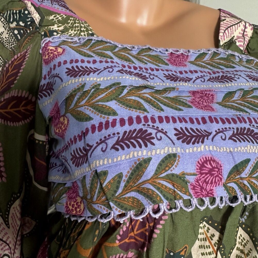 Farm Rio Blouse Top XS Green Jungle Fairy Boho Botanical Tropical Praire Resort - Picture 5 of 15